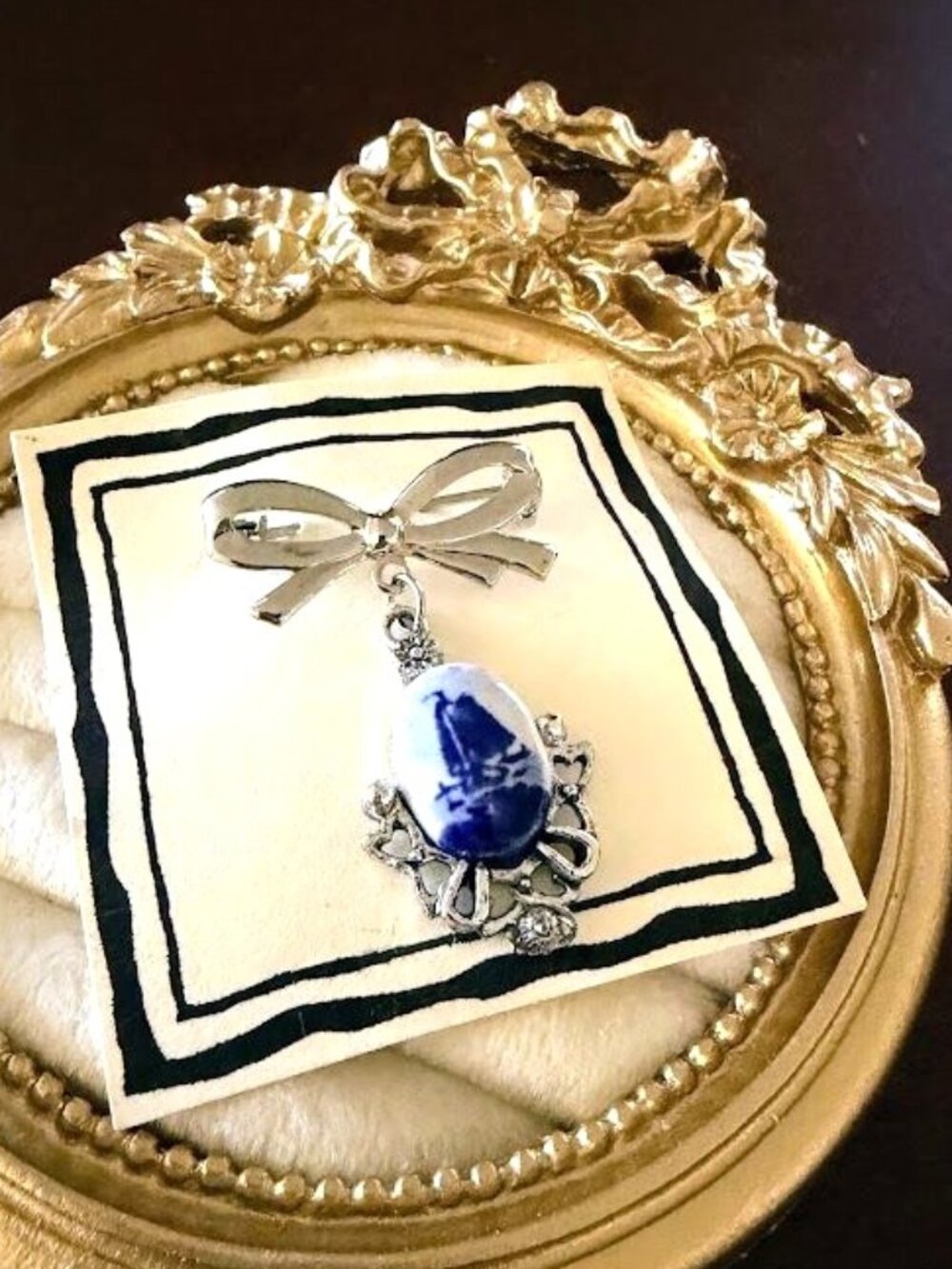 Vintage Blue Delft Porcelain Sailboat Jewelry Set Necklace Brooch Ring - Picture 8 of 11